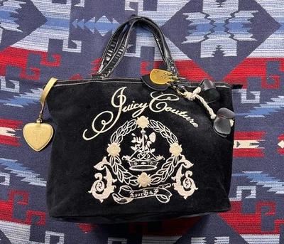 Y2K Vintage Juicy Couture Black Velour Daydreamer Hand Bag Purse - Image 1 of 4