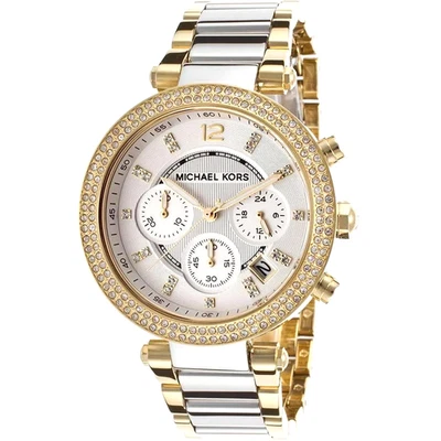 Nuovo Michael Kors Parker Argento Oro 2 Tono Cronografo, Cristalli DA / OROLOGIO - Immagine 1 di 4