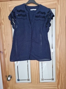 Oasis Navy Shadow Striped Lacey Shirt Size 10 - Picture 1 of 7
