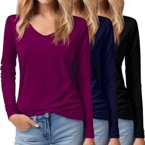 3 Pack Women's Long Sleeve Shirts, Casual V Neck Tops Loose Fit Shirts Basic ... - Picture 1 of 7