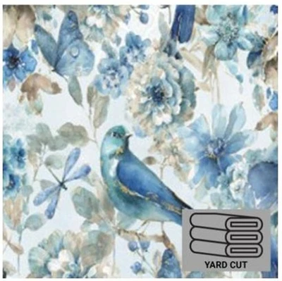 Birds Dragonflies and Flowers 1 Yard Pre-Cut Blue on White Cotton Fabric - Image 1 of 4