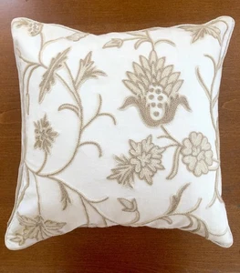 Ethan Allen Embroidered Crewel Pillow Cover Neutral Cream Beige Silk Wool Rustic - Picture 1 of 5