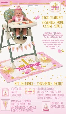 Kit de decoración de silla alta dorado rosa para niñas 1er cumpleaños babero sombrero pancarta estera Foto 1 de 2