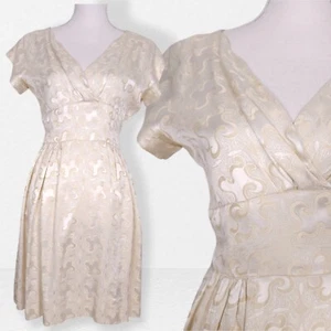 Cream Brocade Wedding Tea Dress Ladies M Gold Satin Pinup Rockabilly 50s 60s Vtg - Bild 1 von 20