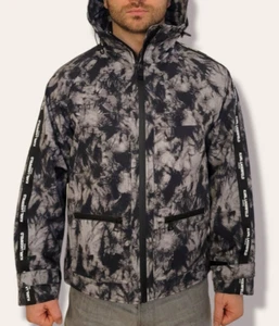 KARL LAGERFELD Black Gray Tie Dye Hooded Waterproof Windbreaker Jacket Size M - Picture 1 of 6