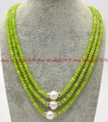 Collar de perlas reales blancas y piedras preciosas de peridoto verde facetadas de 3 filas de 2x4 mm 17-19" Foto 1 de 4