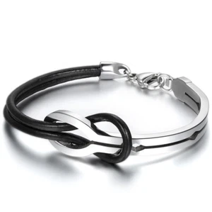 Men's Women's Stainless Steel Love Infinity Buckle Leather Bracelet Cuff Bangle - Picture 1 of 9