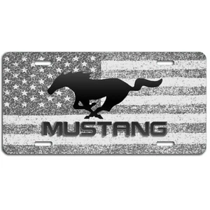 Mustang  auto vehicle art aluminum license plate car truck blk , gray flag tag - Imagen 1 de 1