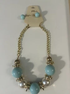 Mocha Large Beaded Necklace with Matching Pierced Earrings Gold Toned NIP - Picture 1 of 8