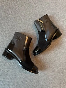 NIB Auth Chanel Black & Brown Leather/Suede Boots Shoes (G34132Y51542) Size 37 7 - Picture 1 of 12