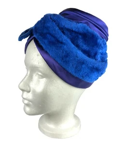 Gorgeous Vintage Lloyd Wright Plush Blue Purple Ribbon Cloche Hat 1940s 1950s - Picture 1 of 12