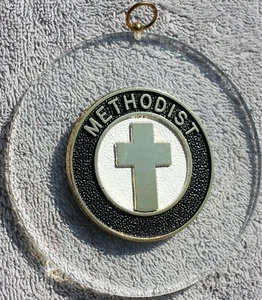Vintage Methodist & Cross Wall Plaque Round Metal Casting on Round Acrylic Disk - Picture 1 of 3