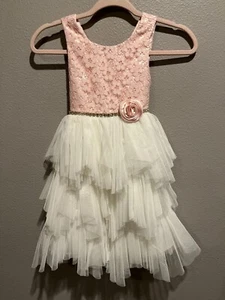 Girl's AMERICAN PRINCESS Pink Lace White Layered Tulle Crystals Dress Sz 6X / 7 - Picture 1 of 6