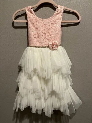 Girl's AMERICAN PRINCESS Pink Lace White Layered Tulle Crystals Dress Sz 6X / 7 - Image 1 of 4