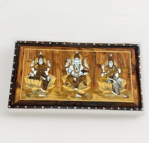 Indian Wood Inlay Art – 24”x12.5” Vishnu Ganesha Saraswati Hindu Deities Panel - Picture 1 of 7