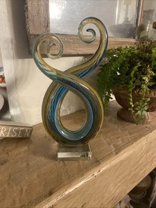 Murano Glas Herzstück Skulptur Regenbogen Wirbel Kunst Glaswaren Sockel 10,5" - Bild 1 von 10