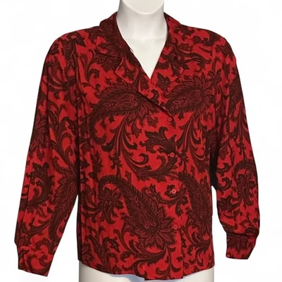 Vintage 90s Rena Rowan for Saville Blouse Size 12 Red Black Paisley Office Chic - Image 1 of 4