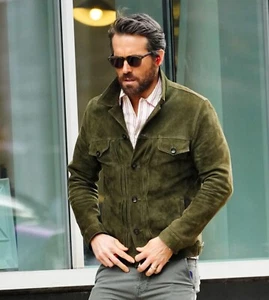 Promi Style Ryan Reynold trendige grüne Wildlederjacke - Herrenmode mit Knopf - Bild 1 von 8