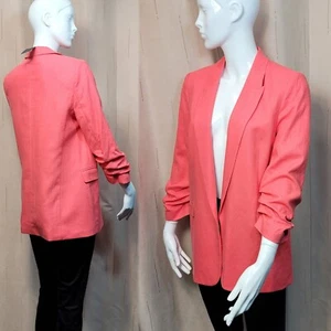 M&S Relaxed LEINENMISCHUNG geraffte Ärmel BLAZER ~ Größe 16 ~ FLAMINGO (UVP 59 £) - Bild 1 von 9