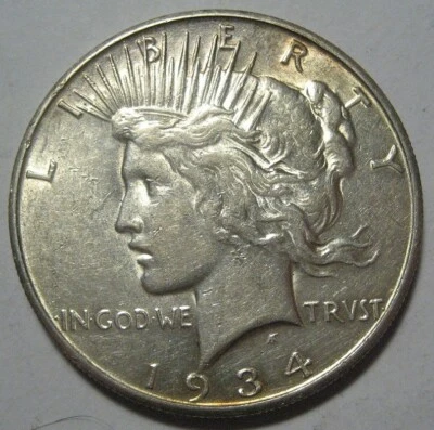 = 1934-S AU+ PEACE Dollar, Lightly Cleaned, Nice Toning & Details, FREE Shipping - Image 1 of 2