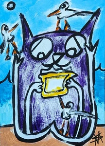 Aceo Abstract Cat Painting Original Collectible Beach Folk Art Samantha McLean - Picture 1 of 1