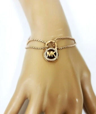 NUEVO MICHAEL KORS ESLABÓN DE CADENA DE ORO ROSA, PAVÉ CANDADO ENCANTO PULSERA DESLIZANTE MKJ7382 Foto 1 de 4