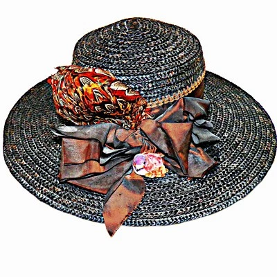 Brown Copper Pheasant Feather Straw Capeline Sun Wide Brim Derby Hat sz 6-7/8 - Image 1 of 4