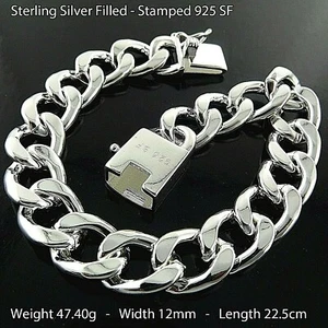 Men's Real 925 Sterling Silver Filled Solid Curb Statement Link Box Clasp 22.5cm - Picture 1 of 2
