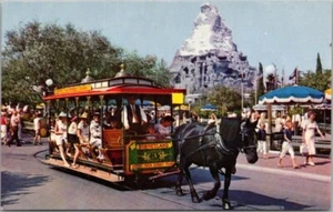 DISNEYLAND Anaheim California Postcard Horse-Drawn Streetcar / Matterhorn - 1961 - Picture 1 of 2