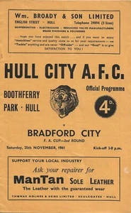 HULL CITY V BRADFORD CITY ~ FA CUP 2ND RD ~ 25 DE NOVIEMBRE DE 1961 - Imagen 1 de 1