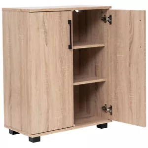 Multi-Purpose Storage Cupboard 2 Door w/ Shelves Low Style Cabinet Oak - Picture 1 of 10