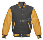 Letterman Baseball Varsity Dark Grey Wool & Genuine Gold Leather Sleeves Jacket