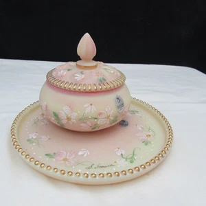 Fenton Burmese Satin Hand Painted 2 pc. Vanity Set Special Order LE 1997 W602 - Picture 1 of 11