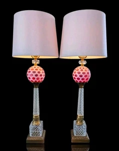 MID CENTURY MODERN FENTON CRANBERRY ETCHED CRYSTAL COIN DOT OPALESCENT LAMPS 34" - Picture 1 of 23
