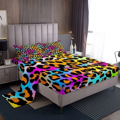 豹纹床单套装女孩儿童女式霓虹彩虹豹毛皮床... — 第 1/4 张图片