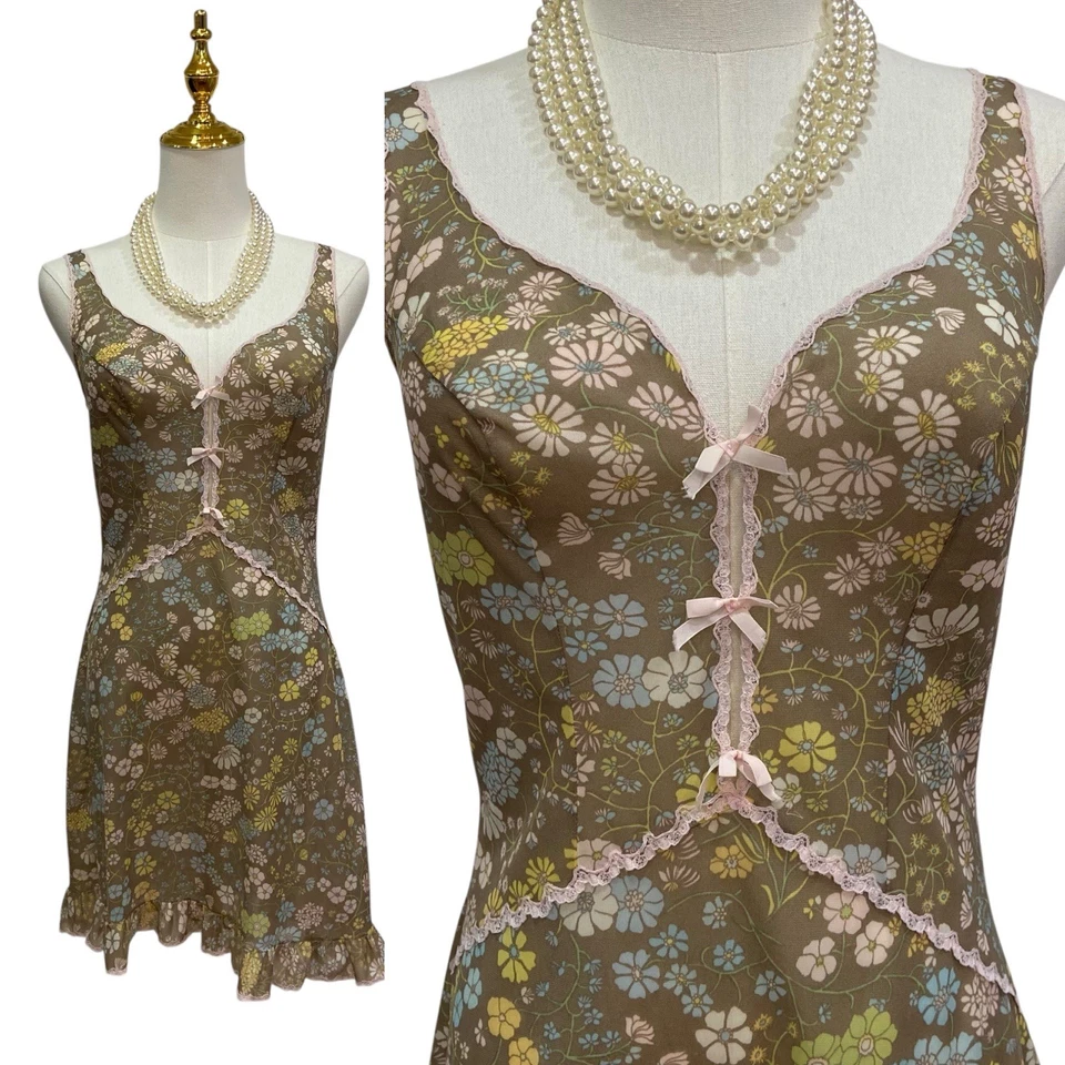 Vintage 60s Brown Floral Nylon Lacy Ruffle Mini Slip Dress Women’s Size S - Image 1 of 4