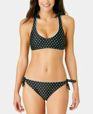 California Waves - Printed X-Back Bralette Bikini Set, Black Dot, Medium, NWT - Image 1 of 3
