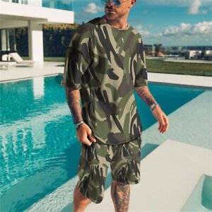 Summer Men Camouflage Casual Outfit Short Sleeve T-Shirts+Shorts Sweatsuit Set
