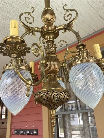 Antique Filigree 6 Light Victorian  Brass Gas Electric Fixture Opalescent Shades Cover