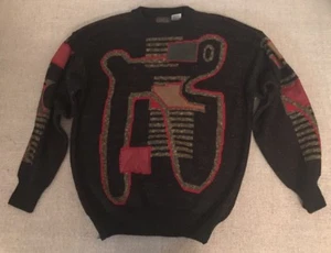 Bugatchi Men's Sweater L Black Patchwork Pullover Tribal #2268 - Picture 1 of 4
