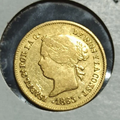 1863 1 Peso Spanish Philippine Isabel II Gold Coin Km#142 Scarce - Image 1 of 2