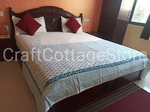 authentic Indian blue Kantha Quilt Bedspread Throw Cotton Bedcover Block Print - Picture 1 of 24