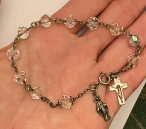 Sterling Silver 925 Faceted Crystal Mother Mary Cross Christ Bracelet 7.5 D44 - Bild 1 von 7