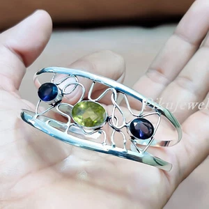 Faceted Peridot & Amethyst Cut Gemstone 925 Sterling Silver Cuff Big Bangle - Picture 1 of 8