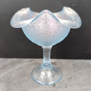 Fenton Persian Medallion Iridescent Velva Blue Stretch Glass Compote Vtg 1981-82 - Picture 1 of 6