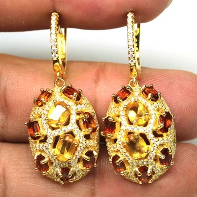 Pendientes de plata de ley 925 amarillo naranja citrino y circonita cúbica oro 18K Foto 1 de 4