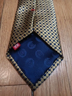 Luxury Handmade Designer Silk Necktie Gold Blue Geometric Shapes CHAPS Neck Tie - Image 1 of 4