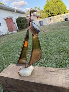 Mario Jason Originals Signed Stained Glass Sailboat Onyx Base Vintage Art - Picture 1 of 13
