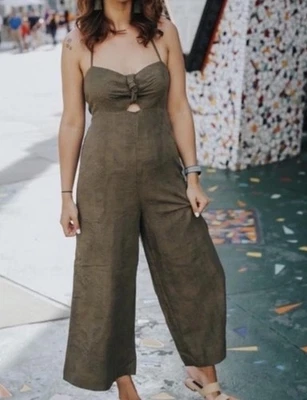 Anthropologie Elevenses Tropical Olive Green Jumpsuit Floral Stitching – Sz 2 - Image 1 of 4