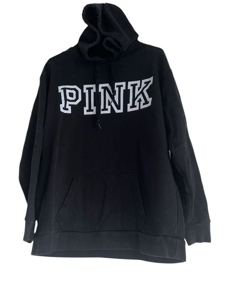 Женский пуловер толстовка с капюшоном Victorias Secret РОЗОВЫЙ размер M черно-белый логотип - Изображение 1 из 4